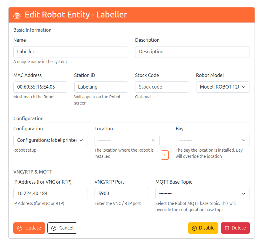 Per-robot configuration screen in the SCADA & IOT Server